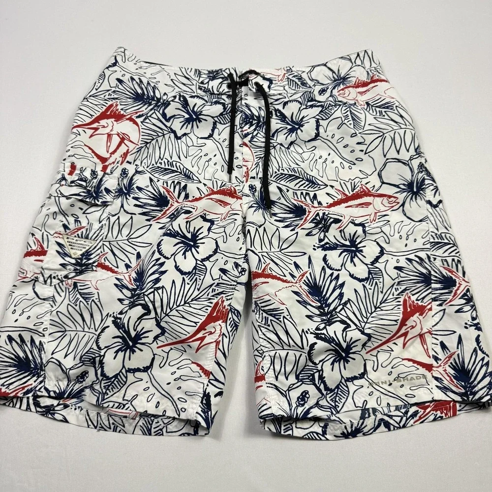 Columbia PFG Shorts Mens 34 White Fish Floral Omni Shade Board‎ Swim Trunks